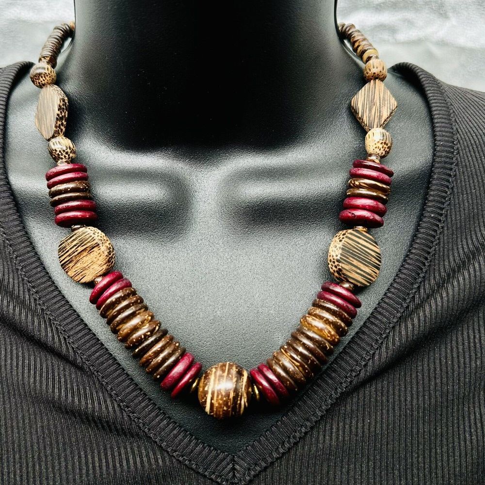 BOHO Handcrafted Chunky Wooden Beaded‎ Necklace Brown Dark Magenta